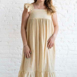 Miou Muse Yellow Stripped Gauze Midi Dress with Ruffle Sleeves